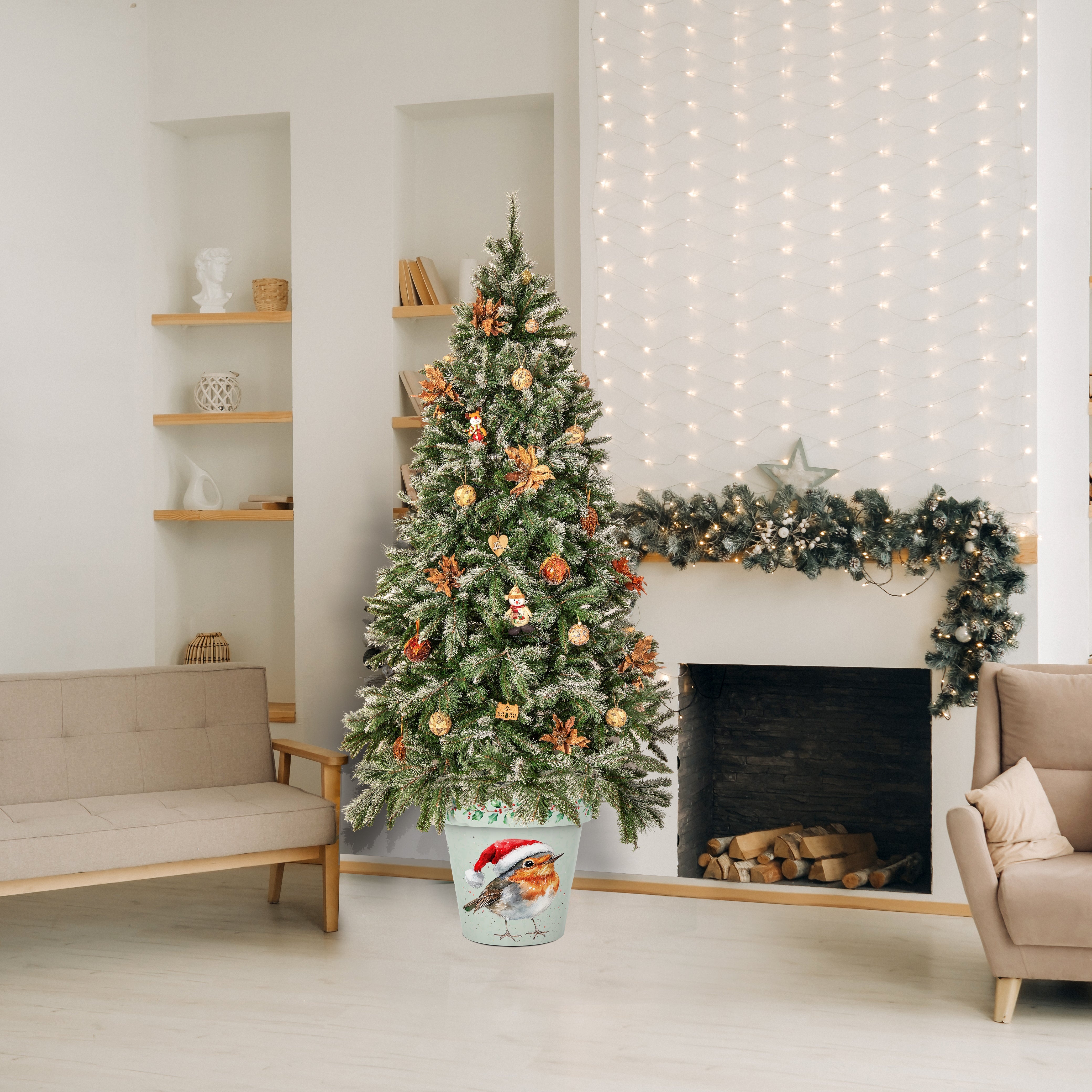 Holly and Robins - Christmas Tree Pot Cover